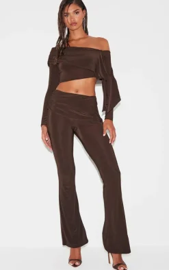 Clearance PrettyLittleThing Slinky Ruched Off The Shoulder Long Sleeve Top Chocolate