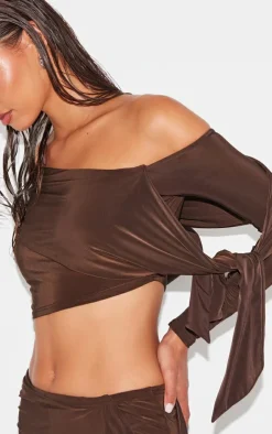 Clearance PrettyLittleThing Slinky Ruched Off The Shoulder Long Sleeve Top Chocolate