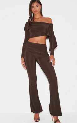 PrettyLittleThing Slinky Ruched Tie Detail Flare Pants Chocolate