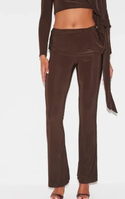 PrettyLittleThing Slinky Ruched Tie Detail Flare Pants Chocolate