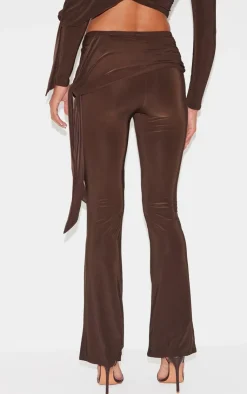 PrettyLittleThing Slinky Ruched Tie Detail Flare Pants Chocolate
