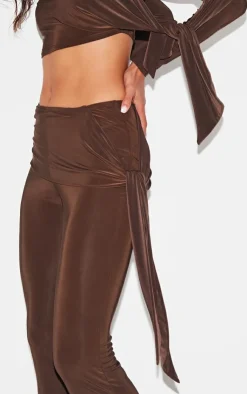 PrettyLittleThing Slinky Ruched Tie Detail Flare Pants Chocolate