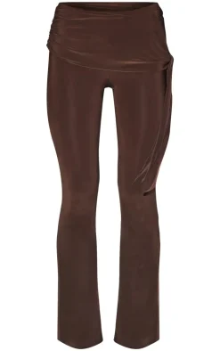 PrettyLittleThing Slinky Ruched Tie Detail Flare Pants Chocolate