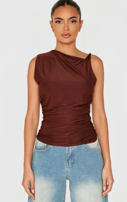 PrettyLittleThing Sleeveless Tops*Chocolate Slinky Ruched Twist Strap Detail Long Top