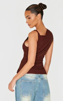 PrettyLittleThing Sleeveless Tops*Chocolate Slinky Ruched Twist Strap Detail Long Top