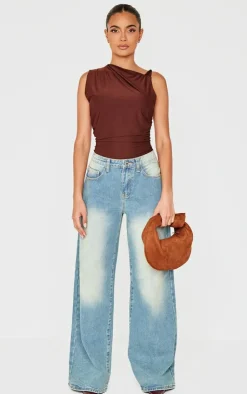 PrettyLittleThing Sleeveless Tops*Chocolate Slinky Ruched Twist Strap Detail Long Top