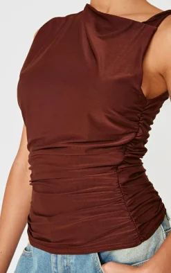 PrettyLittleThing Sleeveless Tops*Chocolate Slinky Ruched Twist Strap Detail Long Top