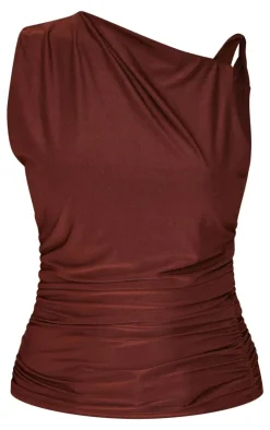 PrettyLittleThing Sleeveless Tops*Chocolate Slinky Ruched Twist Strap Detail Long Top