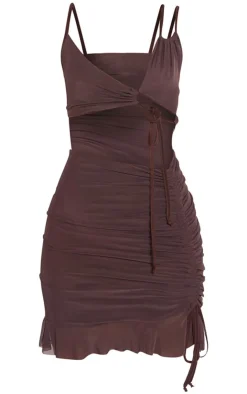 Chocolate Slinky Side Cut Out Ruched Frill Hem Mini Dress-PrettyLittleThing Clearance