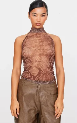 PrettyLittleThing Blouses*Chocolate Snake Print Mesh High Neck Backless Long Top