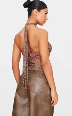 PrettyLittleThing Blouses*Chocolate Snake Print Mesh High Neck Backless Long Top