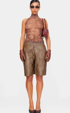 PrettyLittleThing Blouses*Chocolate Snake Print Mesh High Neck Backless Long Top