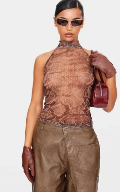 PrettyLittleThing Blouses*Chocolate Snake Print Mesh High Neck Backless Long Top