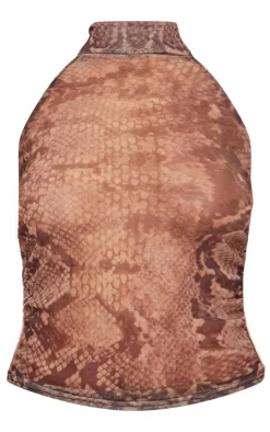 PrettyLittleThing Blouses*Chocolate Snake Print Mesh High Neck Backless Long Top