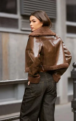 PrettyLittleThing Aviator Jackets*Chocolate Soft Faux Leather Contrast Borg Aviator Jacket