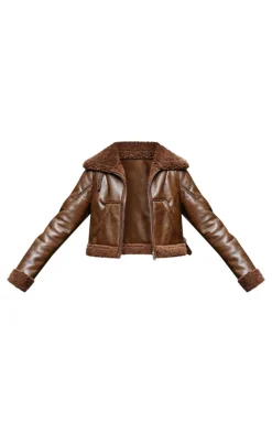 PrettyLittleThing Aviator Jackets*Chocolate Soft Faux Leather Contrast Borg Aviator Jacket