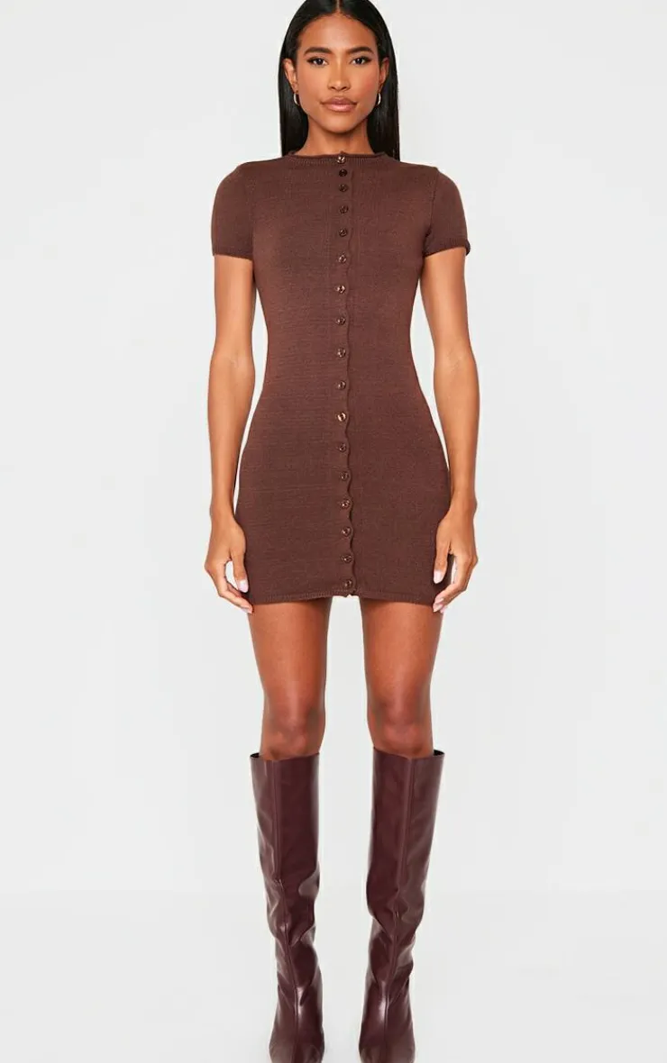 Chocolate Soft Knit Button Through Mini Dress-PrettyLittleThing Clearance
