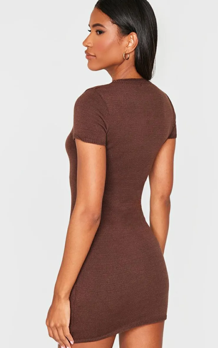 Chocolate Soft Knit Button Through Mini Dress-PrettyLittleThing Clearance