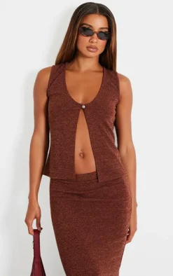 Hot PrettyLittleThing Soft Rib Button Front Vest Chocolate