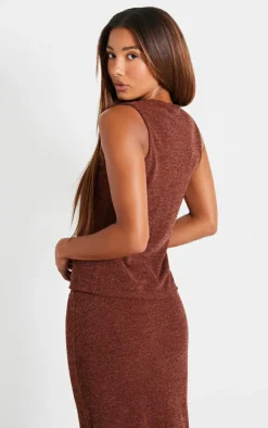 Hot PrettyLittleThing Soft Rib Button Front Vest Chocolate