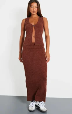 Hot PrettyLittleThing Soft Rib Button Front Vest Chocolate
