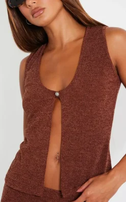 Hot PrettyLittleThing Soft Rib Button Front Vest Chocolate