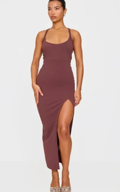 Chocolate Soft Rib Cut Out Tie Back Midaxi Dress-PrettyLittleThing Sale