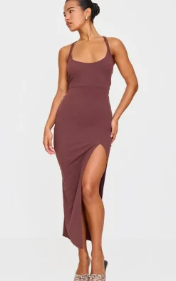 Chocolate Soft Rib Cut Out Tie Back Midaxi Dress-PrettyLittleThing Sale