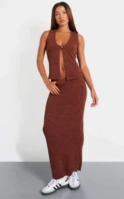 Online PrettyLittleThing Soft Rib Maxi Skirt Chocolate