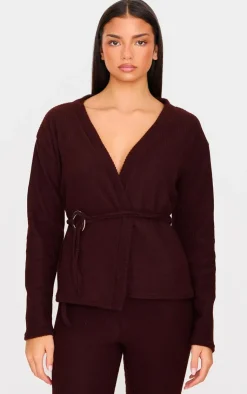 New PrettyLittleThing Chocolate Soft Rib Tie Trim Detail Cardigan Chocolate.