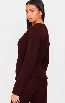 New PrettyLittleThing Chocolate Soft Rib Tie Trim Detail Cardigan Chocolate.