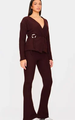 New PrettyLittleThing Chocolate Soft Rib Tie Trim Detail Cardigan Chocolate.