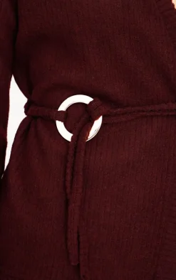 New PrettyLittleThing Chocolate Soft Rib Tie Trim Detail Cardigan Chocolate.