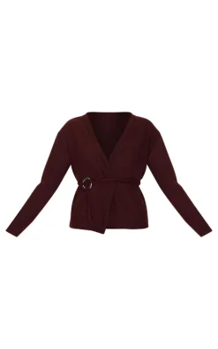 New PrettyLittleThing Chocolate Soft Rib Tie Trim Detail Cardigan Chocolate.