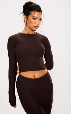 Discount PrettyLittleThing Soft Touch Longline Sleeve Top Chocolate