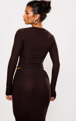 Discount PrettyLittleThing Soft Touch Longline Sleeve Top Chocolate