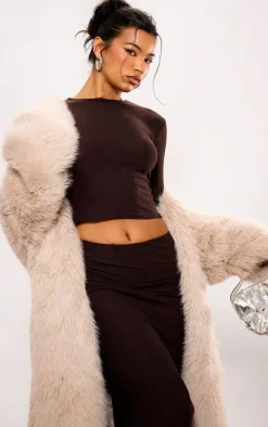 Discount PrettyLittleThing Soft Touch Longline Sleeve Top Chocolate