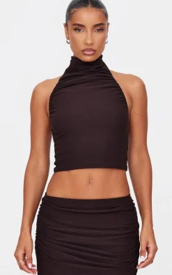 Clearance PrettyLittleThing Soft Touch Ruched Halter Crop Top Chocolate
