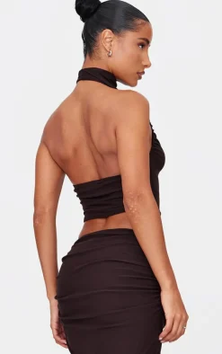 Clearance PrettyLittleThing Soft Touch Ruched Halter Crop Top Chocolate