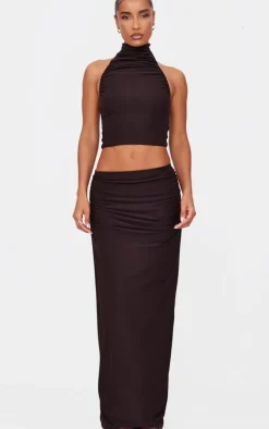 Clearance PrettyLittleThing Soft Touch Ruched Halter Crop Top Chocolate
