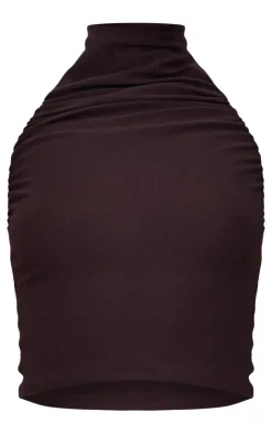 Clearance PrettyLittleThing Soft Touch Ruched Halter Crop Top Chocolate