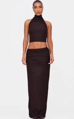 New PrettyLittleThing Soft Touch Ruched Maxi Skirt Chocolate