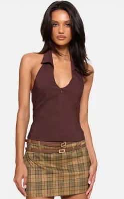 PrettyLittleThing Sleeveless Tops*Stretch Woven Zip Collar Detail Long Top
