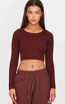 Best PrettyLittleThing Structured Snatched Ribbed Round Neck Long Sleeve Crop Top Chocolate