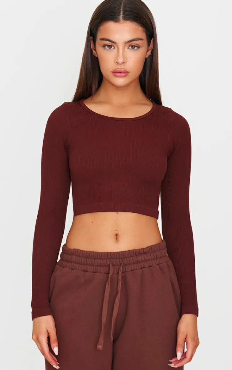 Best PrettyLittleThing Structured Snatched Ribbed Round Neck Long Sleeve Crop Top Chocolate
