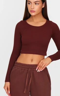 Best PrettyLittleThing Structured Snatched Ribbed Round Neck Long Sleeve Crop Top Chocolate