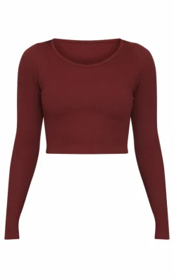 Best PrettyLittleThing Structured Snatched Ribbed Round Neck Long Sleeve Crop Top Chocolate