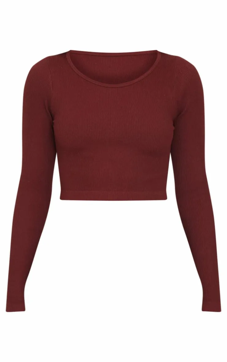 Best PrettyLittleThing Structured Snatched Ribbed Round Neck Long Sleeve Crop Top Chocolate