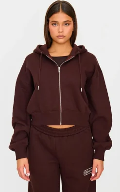 New PrettyLittleThing Studio Archives Embroidered Zip Up Jacket Chocolate