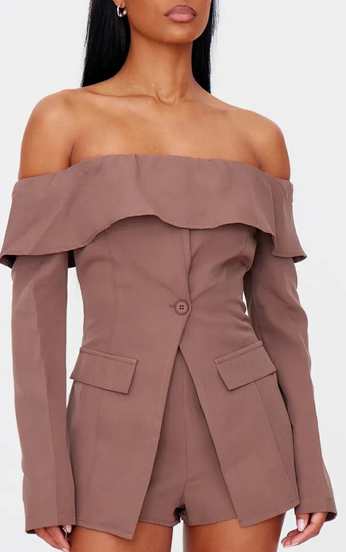 Chocolate Tailored Off The Shoulder Long Sleeve Romper